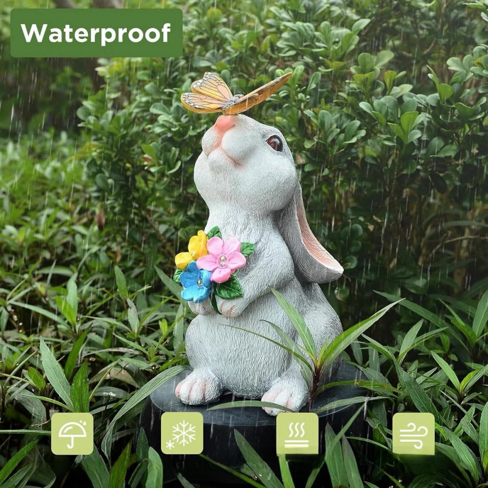 Resin Solar Bunny Statue Garden Decor With LED Butterfly Light Outdoor Animal Figurine Sculpture Fo 3