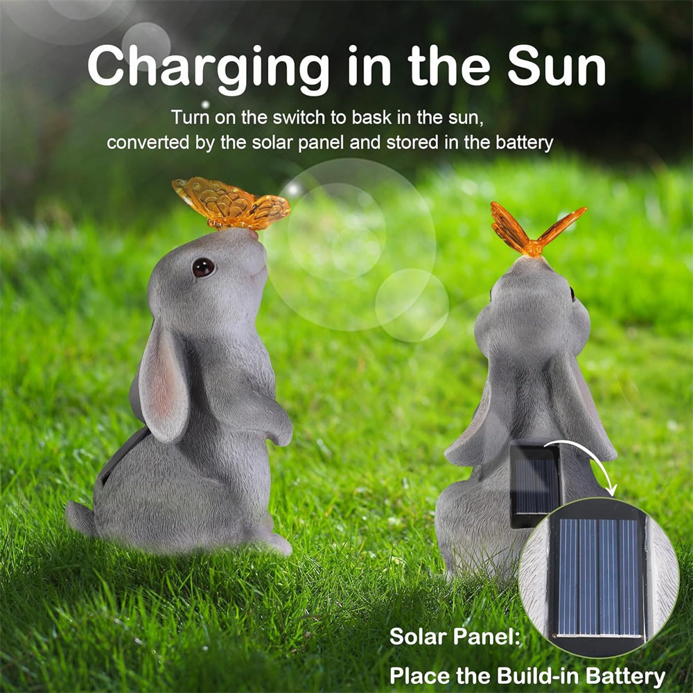 Resin Solar Bunny Statue Garden Decor With LED Butterfly Light Outdoor Animal Figurine Sculpture Fo 4