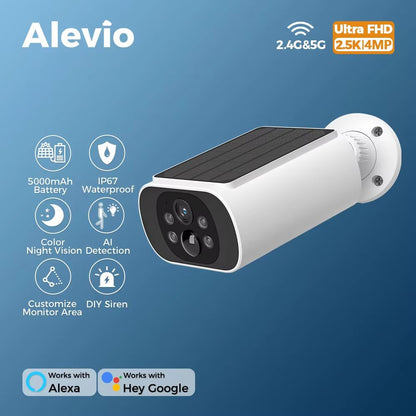 ALEVIO 2.5K Outdoor Solar Security Camera – Wireless WiFi Surveillance with Color Night Vision & AI Motion Detection
