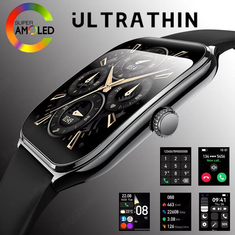 Ultra Thin Smart Watch 1.96" AMOLED Display – Always-On HD Screen, Call Reminder & Fitness Tracking for Men and Women