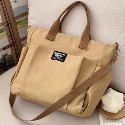 Urban Minimalist Canvas Tote Bag for Women, Large Capacity Commuting Crossbody Student Bag