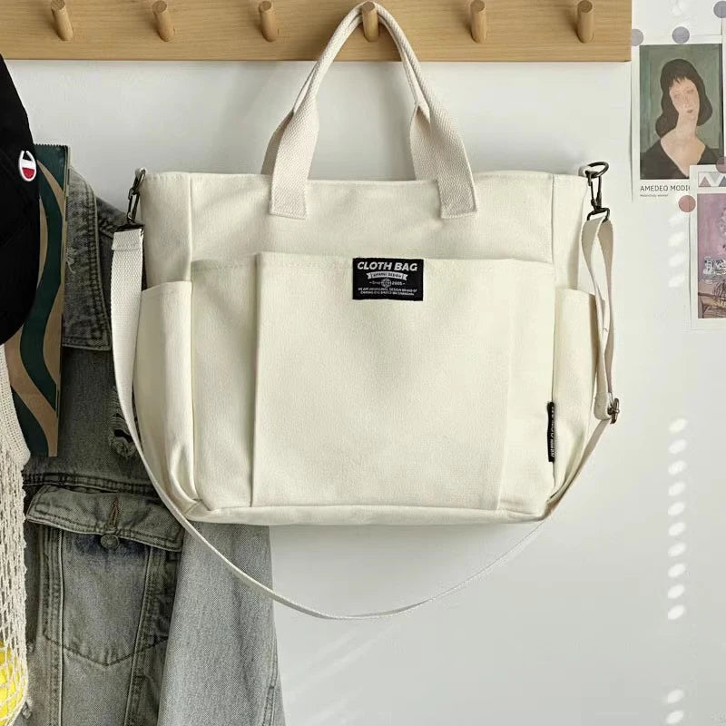 Urban Minimalist Canvas Tote Bag for Women, Large Capacity Commuting Crossbody Student Bag