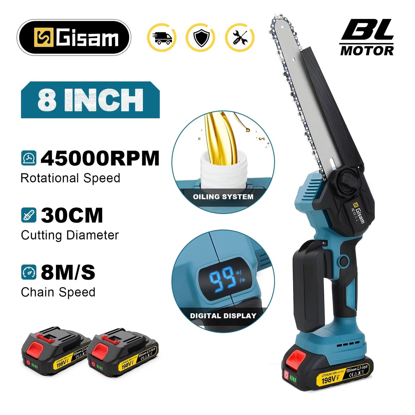Gisam 8-Inch Brushless Cordless Chainsaw – Lightweight Portable Electric Saw, Makita 18V Battery Compatible