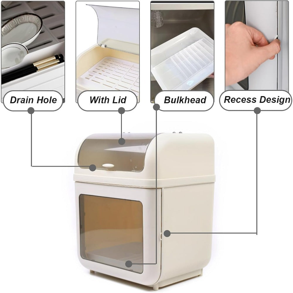 2 Tier Multi-Functional Dish Drying Rack and Drainer Board, Countertop Organizer with Lid, PP Plastic Build, Removable