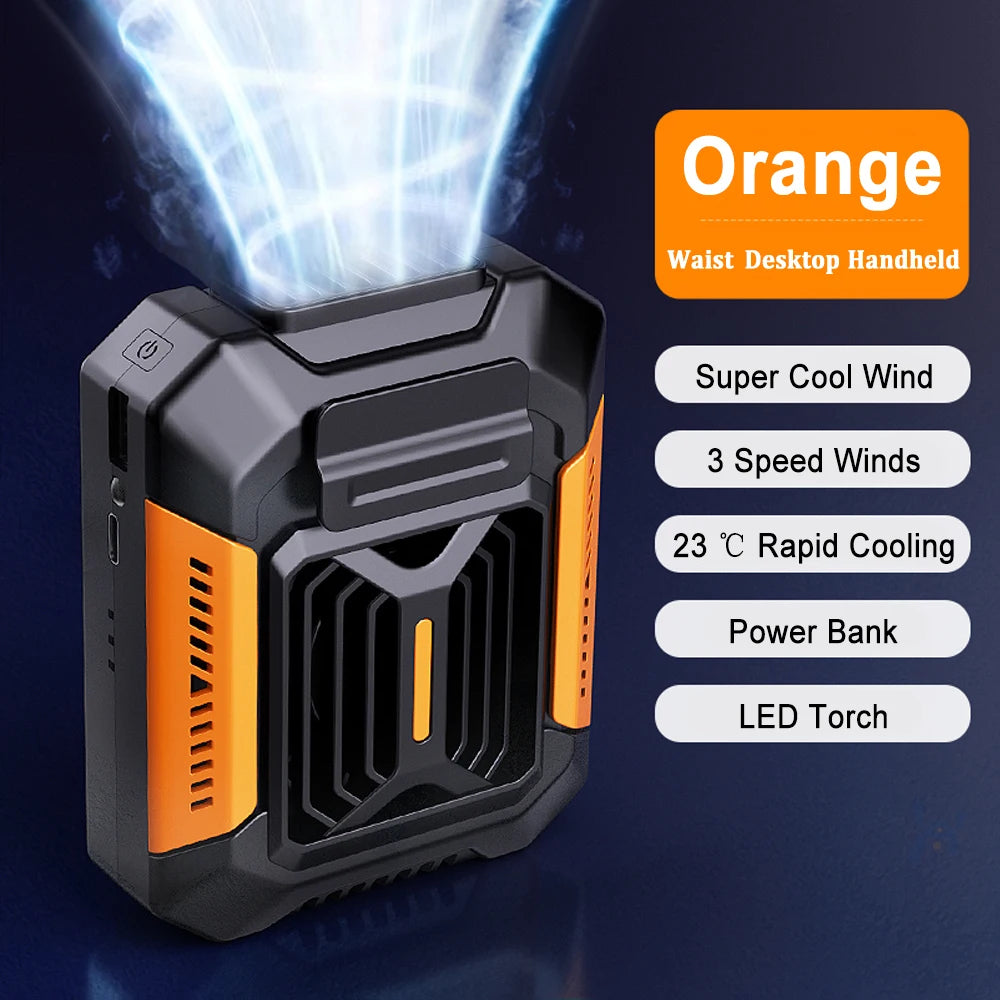Belt Clip Fan with Portable Power Bank & Flashlight, Wearable Neck Fan for Camping, Hiking & Outdoor Activities