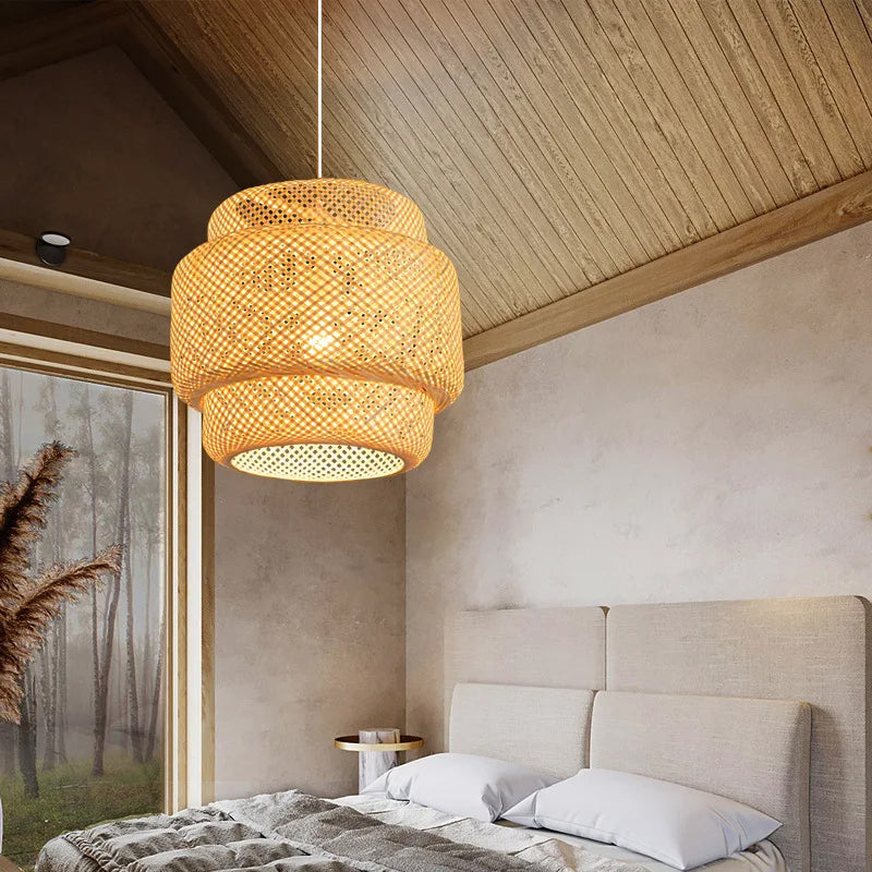 Hand Knitted Chinese Style Bamboo Pendant Lamp, Weaving Hanging Lamps for Restaurant & Boho Home Decor Lighting