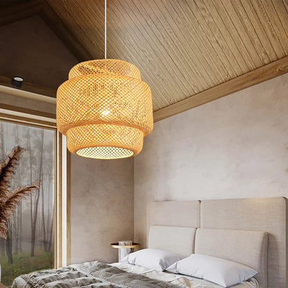 Hand Knitted Chinese Style Bamboo Pendant Lamp, Weaving Hanging Lamps for Restaurant & Boho Home Decor Lighting