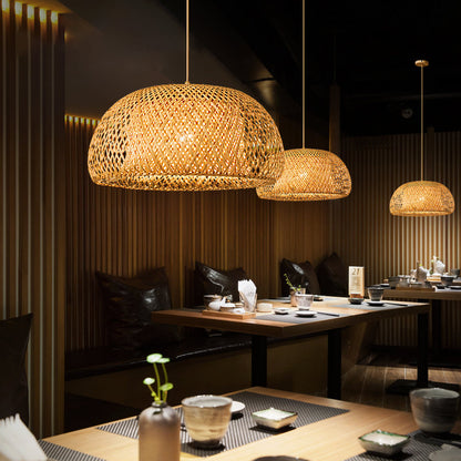 Hand Knitted Chinese Style Bamboo Pendant Lamp, Weaving Hanging Lamps for Restaurant & Boho Home Decor Lighting