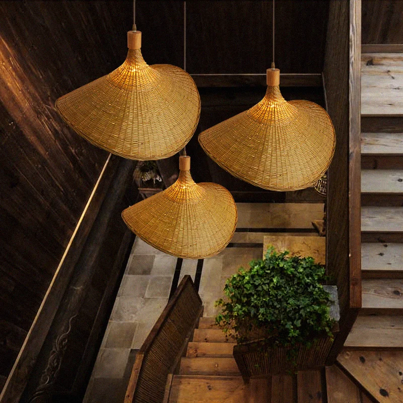 Hand Knitted Chinese Style Bamboo Pendant Lamp, Weaving Hanging Lamps for Restaurant & Boho Home Decor Lighting