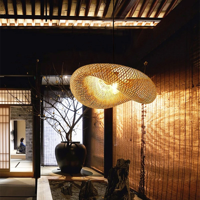 Hand Knitted Chinese Style Bamboo Pendant Lamp, Weaving Hanging Lamps for Restaurant & Boho Home Decor Lighting
