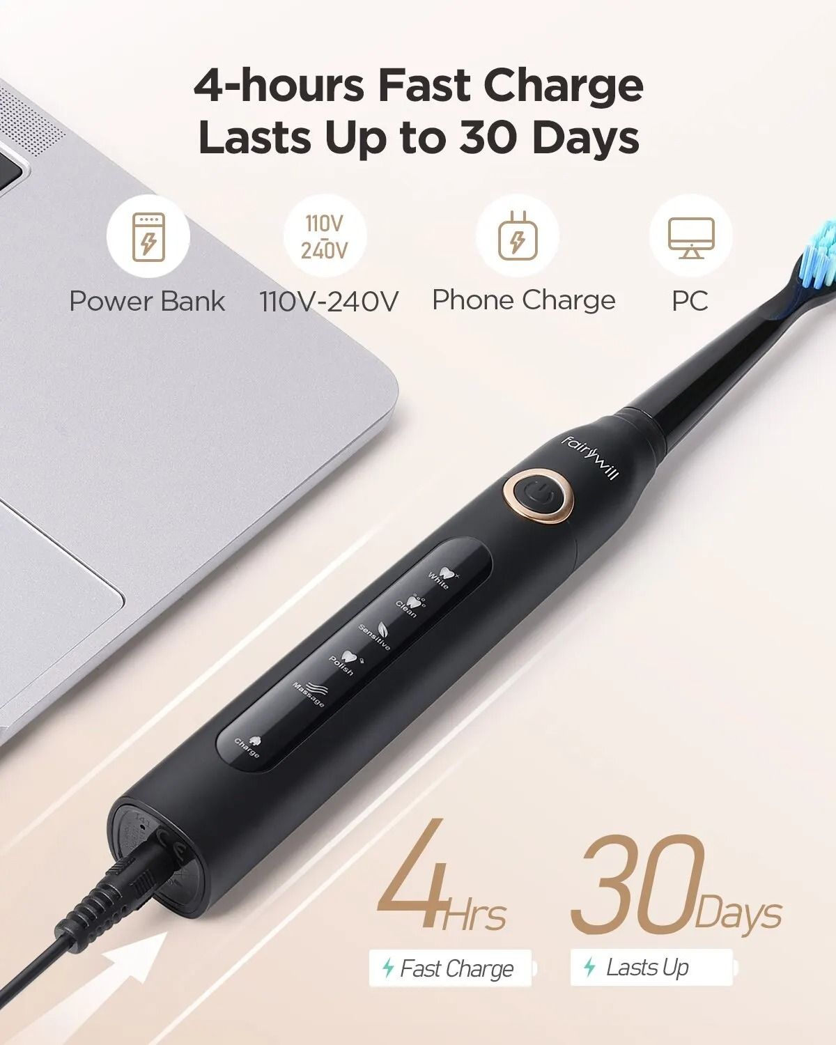 Electric Sonic Toothbrush Rechargeable Waterproof With Replacement Heads 3