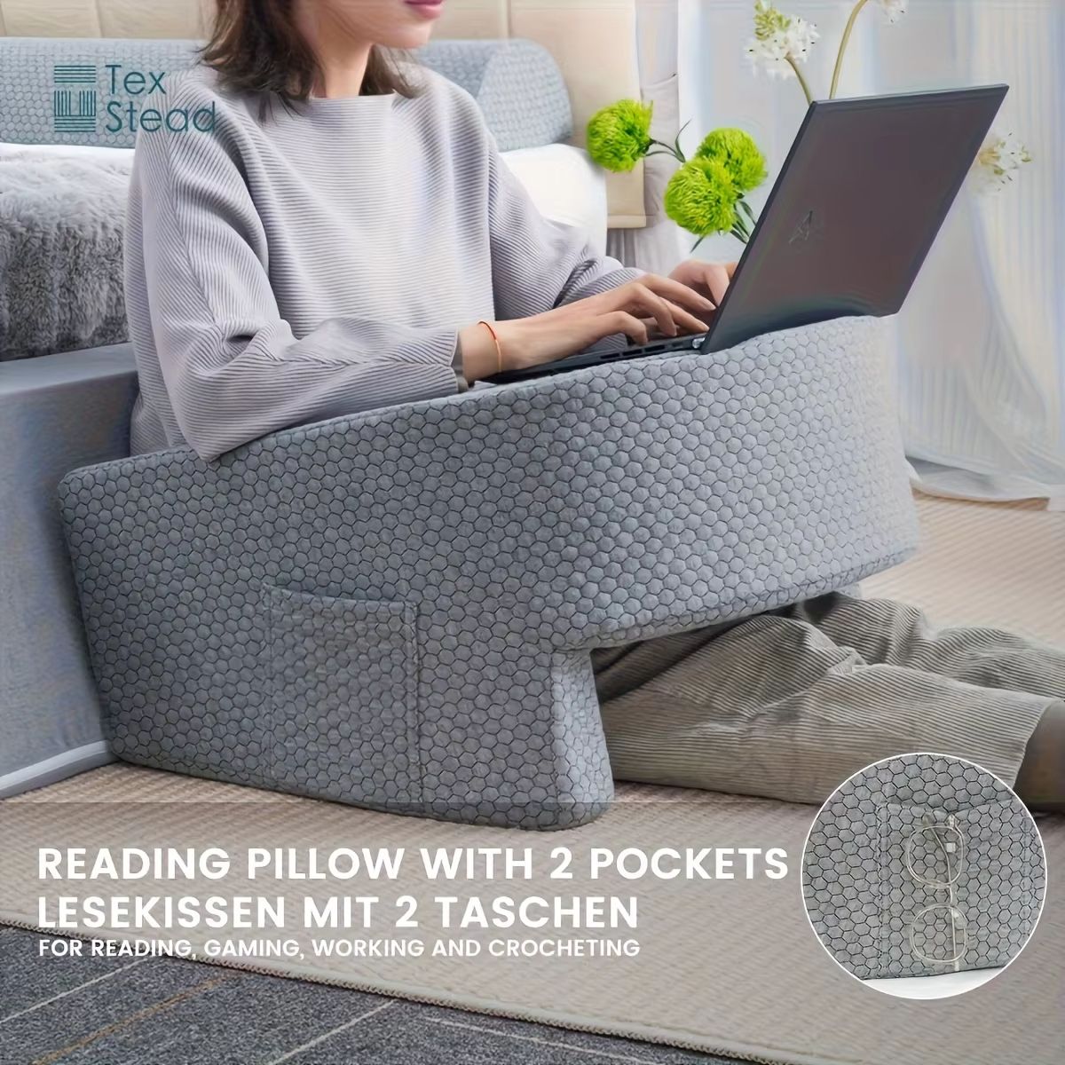 Extra Large Reading Pillow with Arm Rests – Memory Foam Bed Rest Pillow for Adults & Gamers