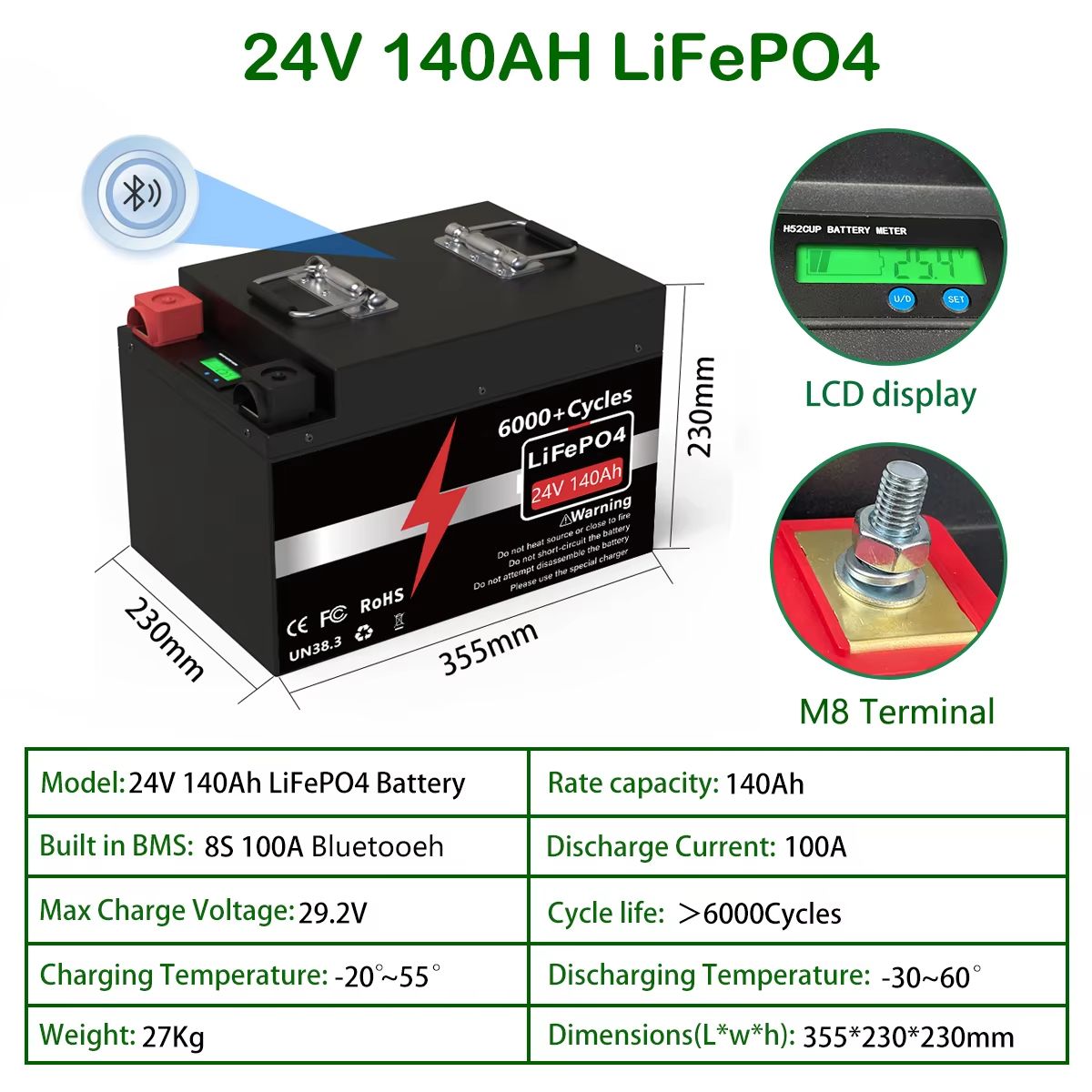 HighCapacity LiFePO4 Battery 24V 300Ah With Bluetooth BMS  Reliable Power For RV Solar  Marine 9