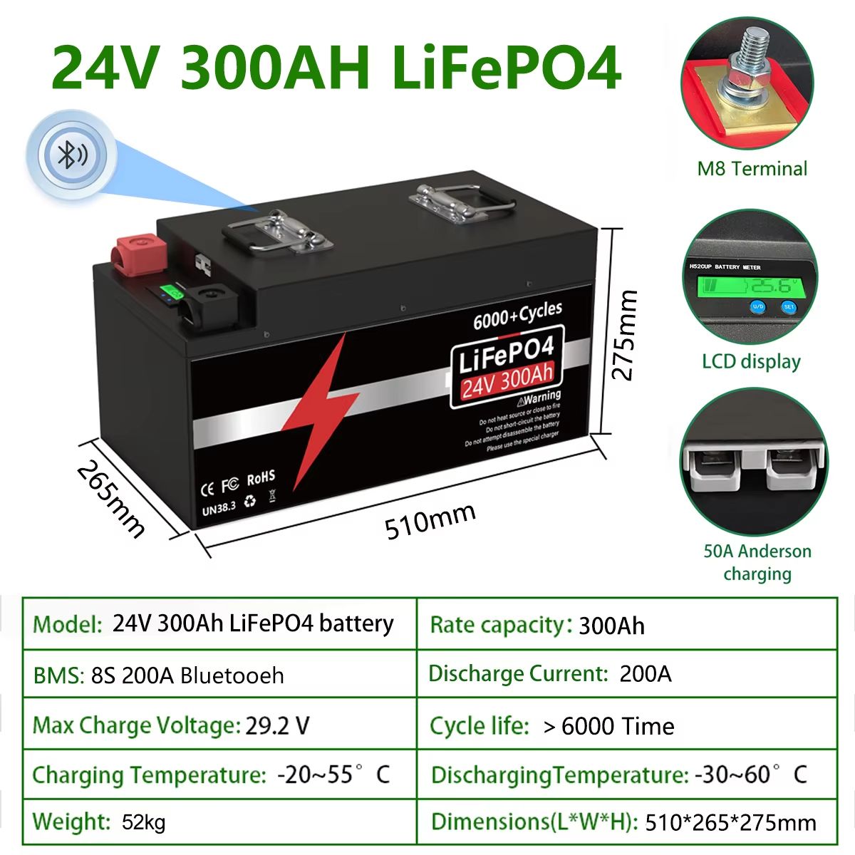 HighCapacity LiFePO4 Battery 24V 300Ah With Bluetooth BMS  Reliable Power For RV Solar  Marine 7