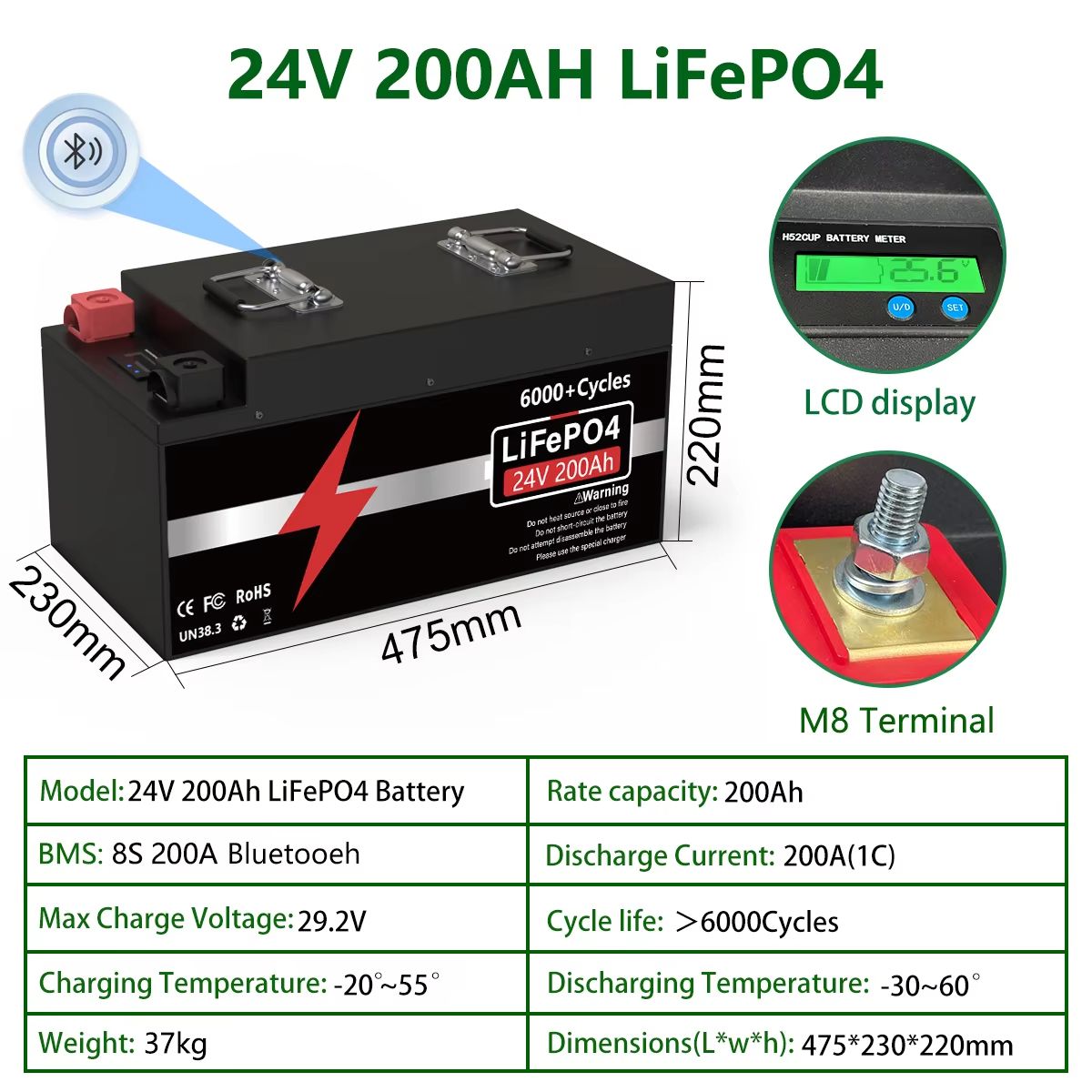 HighCapacity LiFePO4 Battery 24V 300Ah With Bluetooth BMS  Reliable Power For RV Solar  Marine 8