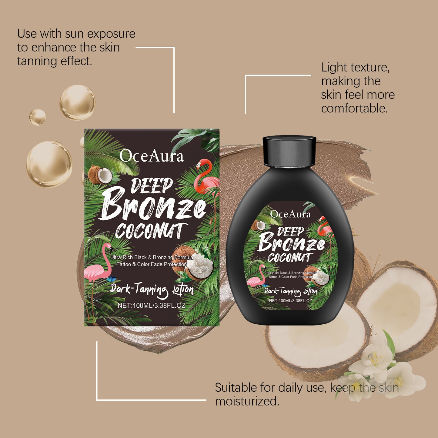 Coconut Tanning Lotion Sunless Tanner, Bronzing Enhancer Darkening Booster, Hydrate Golden Brown Sunbeds Self Bronzer