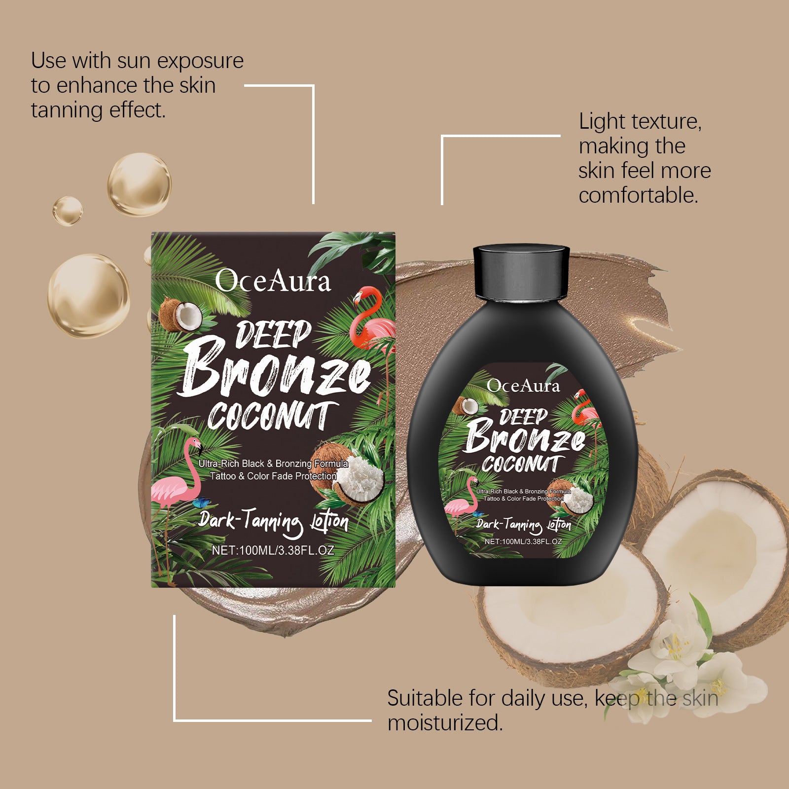 Coconut Tanning Lotion Sunless Tanner, Bronzing Enhancer Darkening Booster, Hydrate Golden Brown Sunbeds Self Bronzer