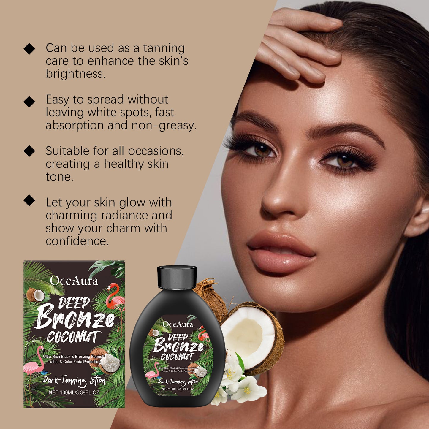 Coconut Tanning Lotion Sunless Tanner, Bronzing Enhancer Darkening Booster, Hydrate Golden Brown Sunbeds Self Bronzer