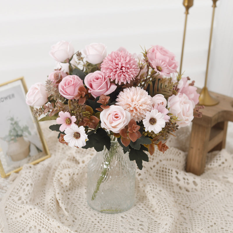 Rose Artificial Dandelion Flowers Bridal Bouquet Fake Floral Garden Wedding Party Living Room Home Table Autumn