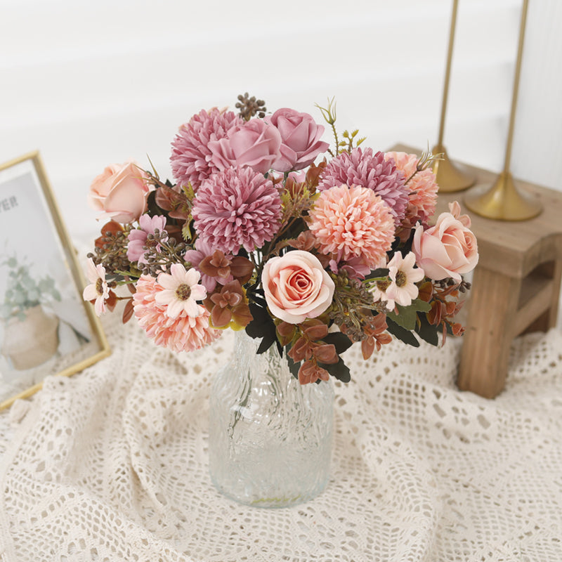 Rose Artificial Dandelion Flowers Bridal Bouquet Fake Floral Garden Wedding Party Living Room Home Table Autumn