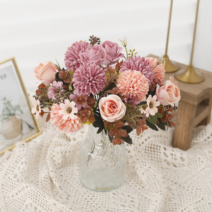Rose Artificial Dandelion Flowers Bridal Bouquet Fake Floral Garden Wedding Party Living Room Home Table Autumn