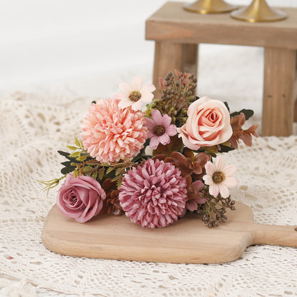 Rose Artificial Dandelion Flowers Bridal Bouquet Fake Floral Garden Wedding Party Living Room Home Table Autumn