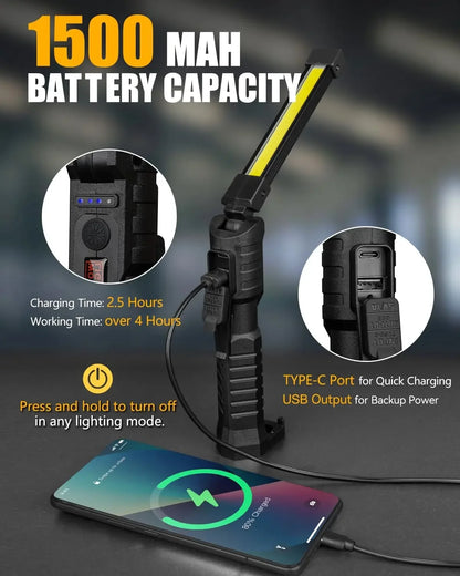 New COB Foldable Flashlight 7 Mode Magnetic USB Rechargeable LED Work Light With Hanging Hook 1200m