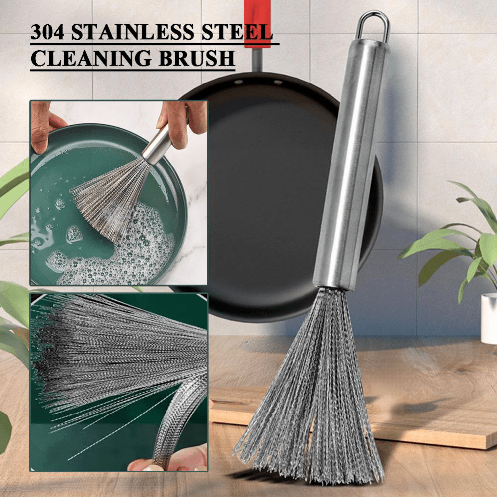 Stainless Steel Dish Brush with Long Handle, Heavy-Duty Pot Scrubber for Pans, Bowls, Tough Kitchen Cleanup