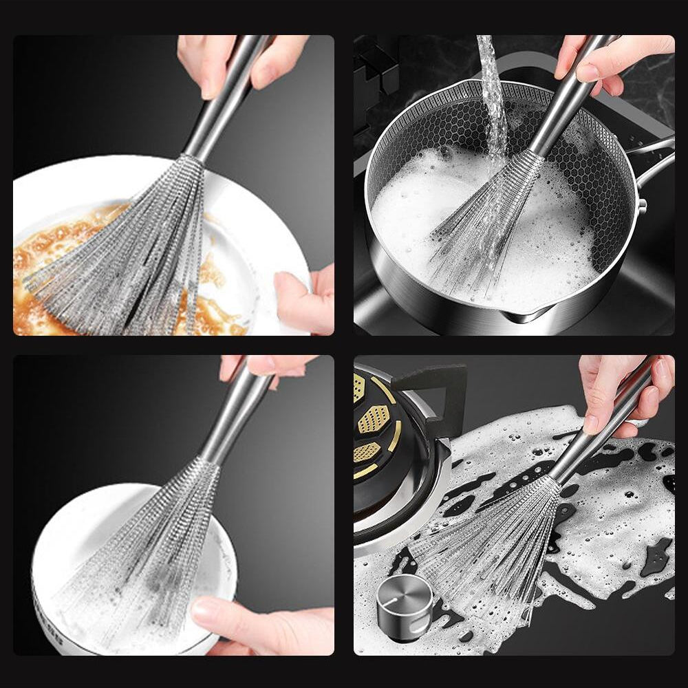 Stainless Steel Dish Brush with Long Handle, Heavy-Duty Pot Scrubber for Pans, Bowls, Tough Kitchen Cleanup