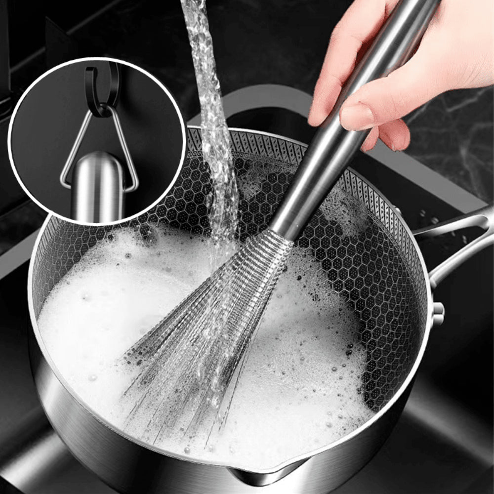 Stainless Steel Dish Brush with Long Handle, Heavy-Duty Pot Scrubber for Pans, Bowls, Tough Kitchen Cleanup