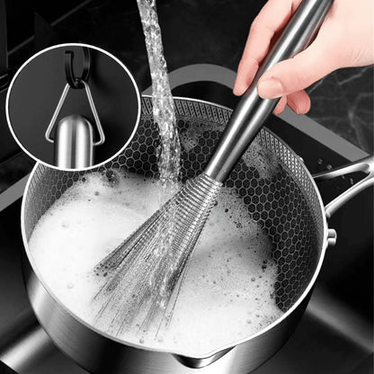 Stainless Steel Dish Brush with Long Handle, Heavy-Duty Pot Scrubber for Pans, Bowls, Tough Kitchen Cleanup