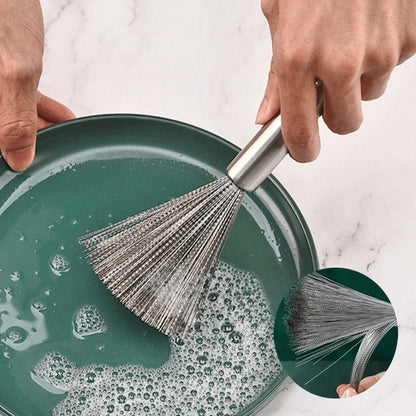 Stainless Steel Dish Brush with Long Handle, Heavy-Duty Pot Scrubber for Pans, Bowls, Tough Kitchen Cleanup