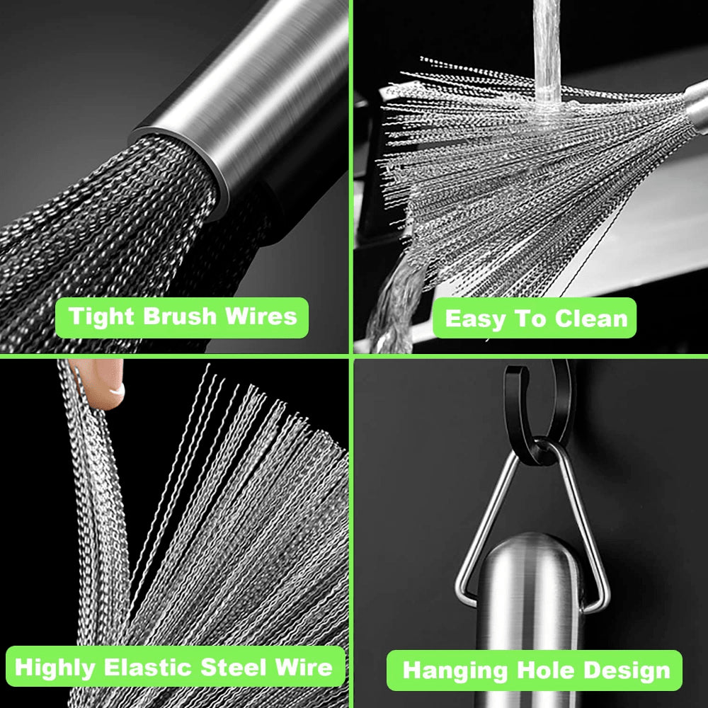 Stainless Steel Dish Brush with Long Handle, Heavy-Duty Pot Scrubber for Pans, Bowls, Tough Kitchen Cleanup