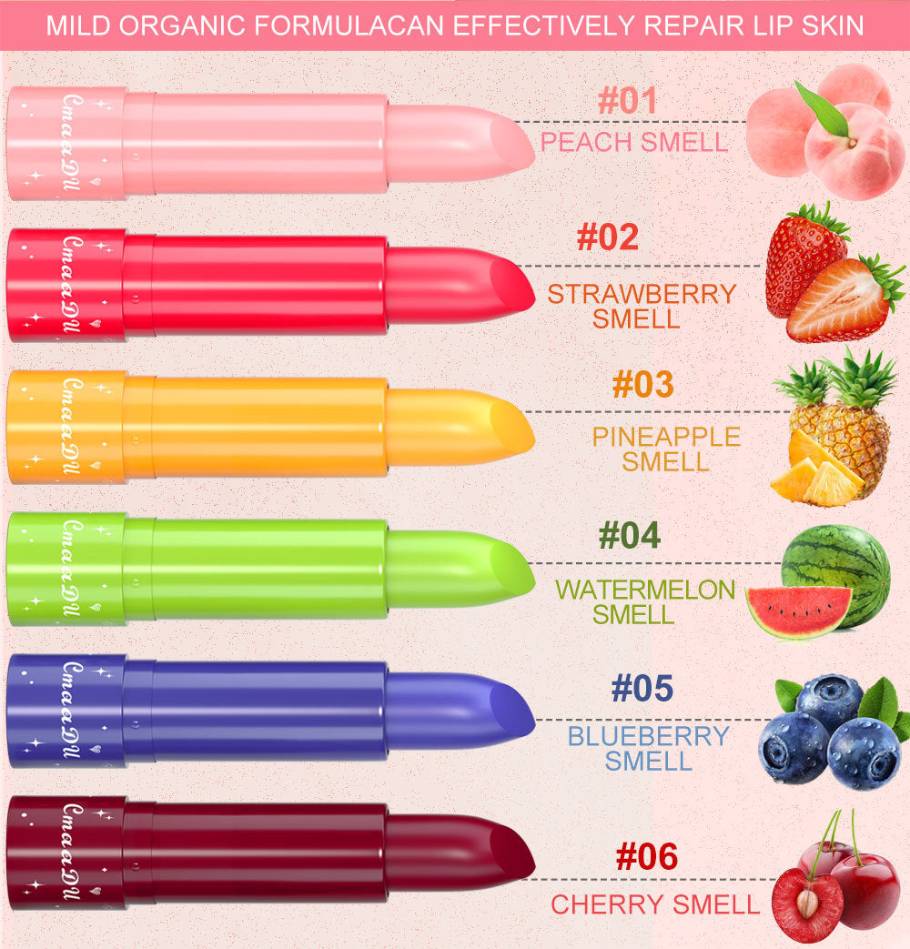 6Color Waterproof Fruit Color Tinted Shine Changing Lip Balm, Moisturizing Nourishing Glow Play Lipstick Colour Care