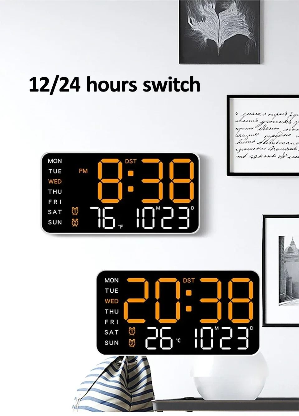 Extra Large LED Wall Clock with Temperature Timer and Date Display