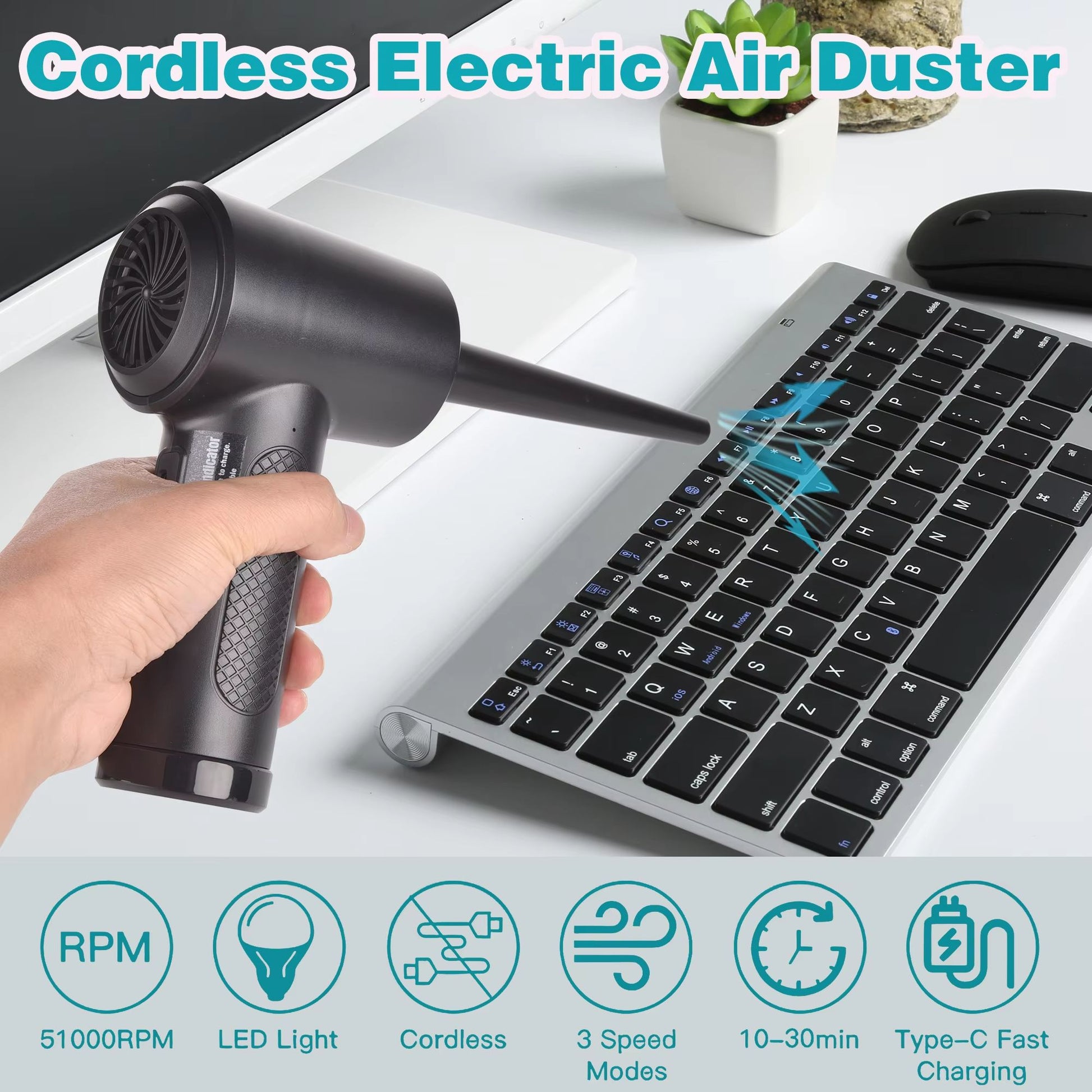 Portable Air Duster For Computer Cleaning  51000RPM Cordless Compressed Air Blower With LED Light 3