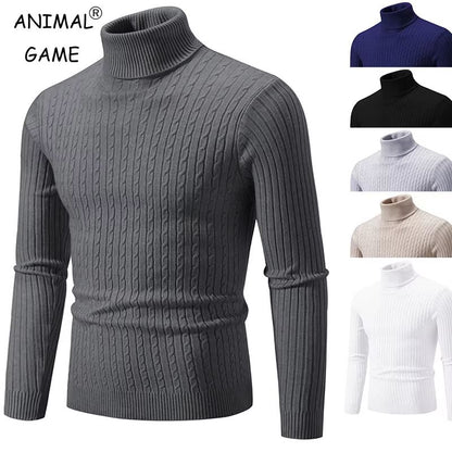 Men's High Neck Sweater – Solid Color Knitted Pullover Turtleneck for Winter Warmth