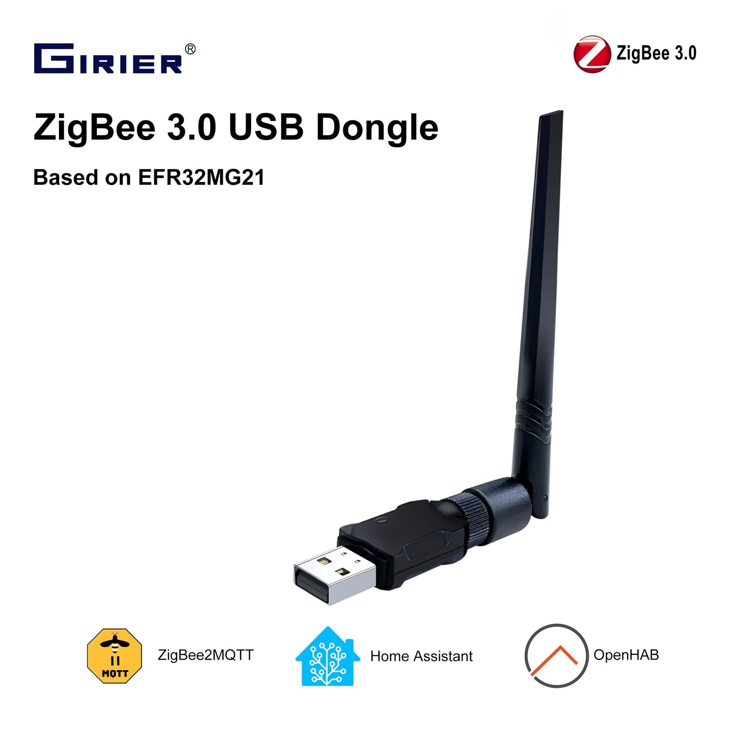 GIRIER ZigBee 3.0 USB Gateway Dongle with High Gain Antenna for Home Assistant