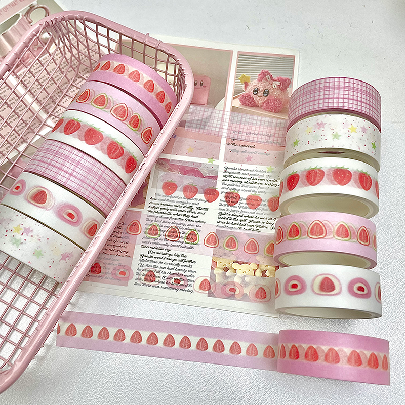6pcs Strawberry Apple Fruit Tape, Cute Cartoon Washi Tape for Scrapbooking, Creative Decorative School Stationery