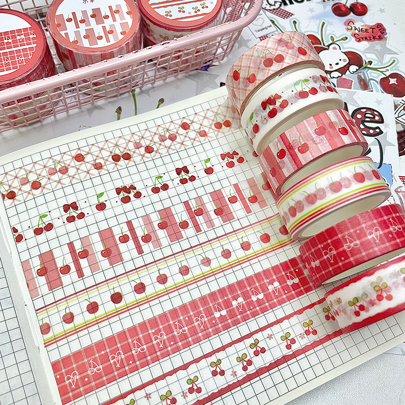 6pcs Strawberry Apple Fruit Tape, Cute Cartoon Washi Tape for Scrapbooking, Creative Decorative School Stationery