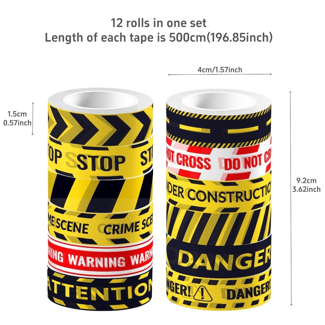 12 Rolls Caution Washi Tapes for Construction Projects, Yellow Red Black Self Adhesive Masking Tape for Scrapbooking
