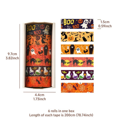 Happy Halloween Washi Tape Set 6rolls, Pumpkin Ghost Masking Tapes, Adhesive Paper Decoration Stickers for Scrapbook