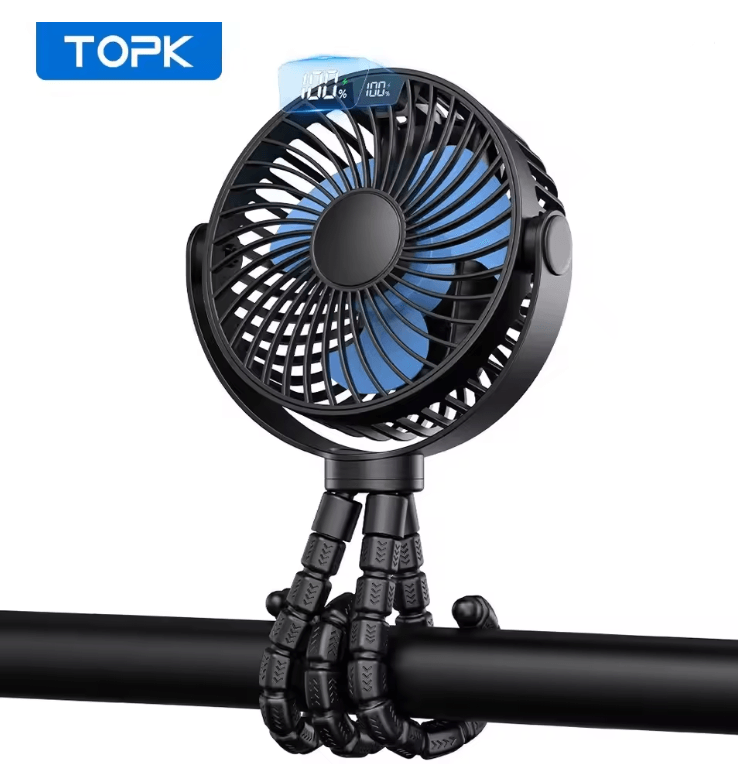TOPK Portable Stroller Fan with LED Display 5000mAh Rechargeable Personal Cooling Fan