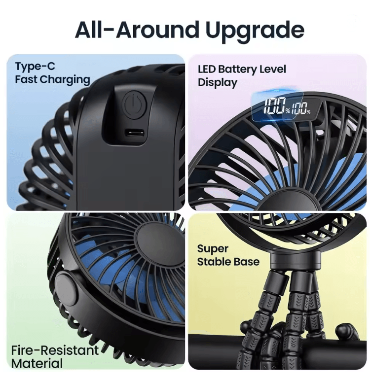 TOPK Portable Stroller Fan With LED Display 5000mAh Rechargeable Personal Cooling Fan 2