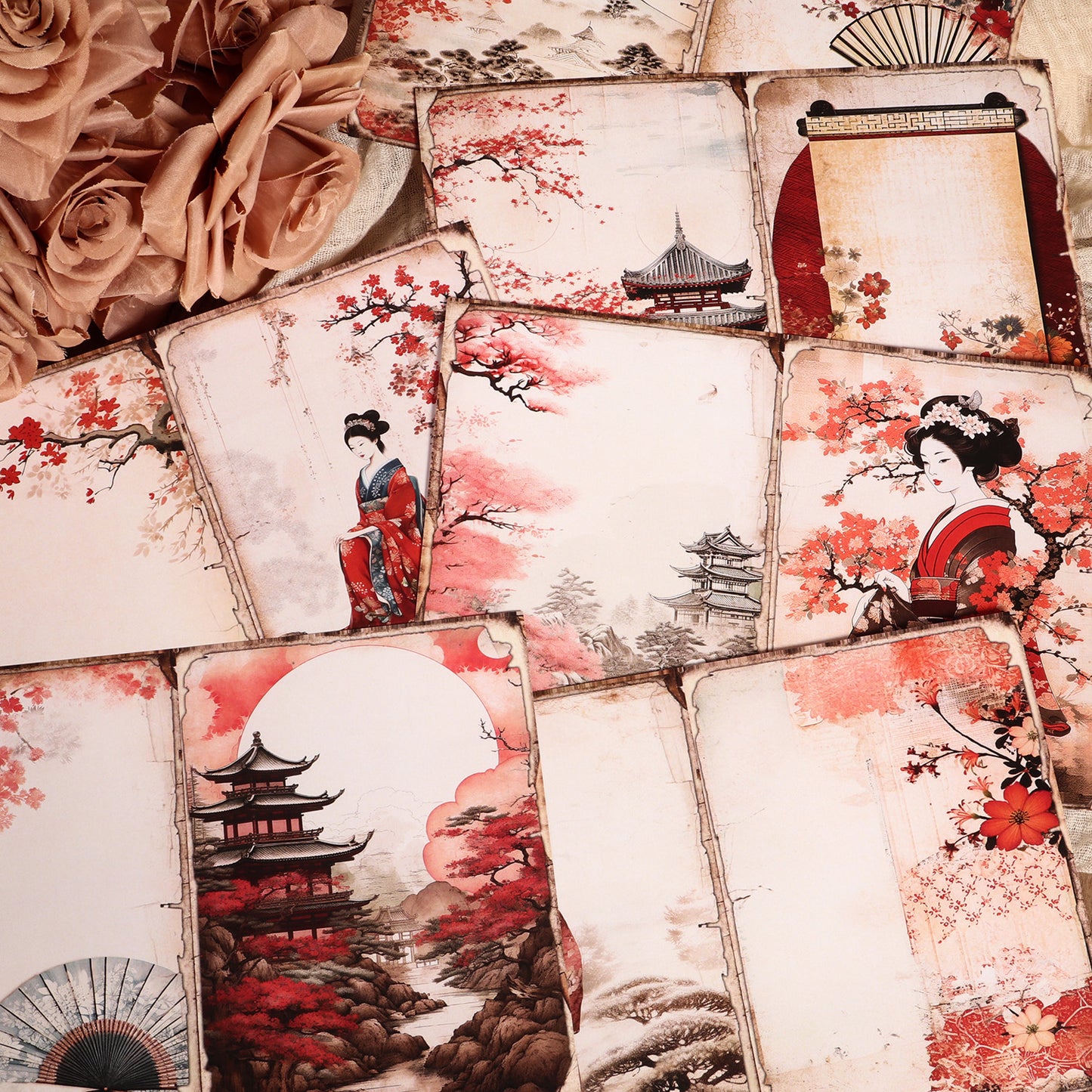 DIY Scrapbook Decoration Paper Pads, 12 A5 Papers and 24stickers Oriental Cherry for Crafts Journals Scrapbooking