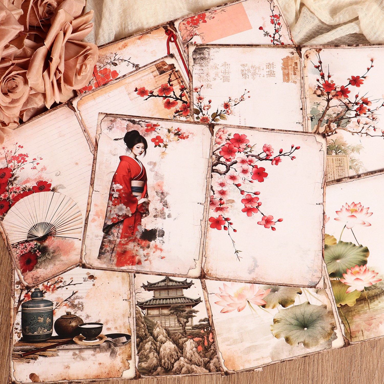 DIY Scrapbook Decoration Paper Pads, 12 A5 Papers and 24stickers Oriental Cherry for Crafts Journals Scrapbooking