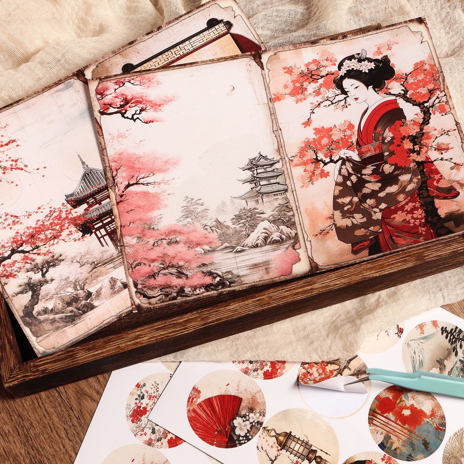 DIY Scrapbook Decoration Paper Pads, 12 A5 Papers and 24stickers Oriental Cherry for Crafts Journals Scrapbooking