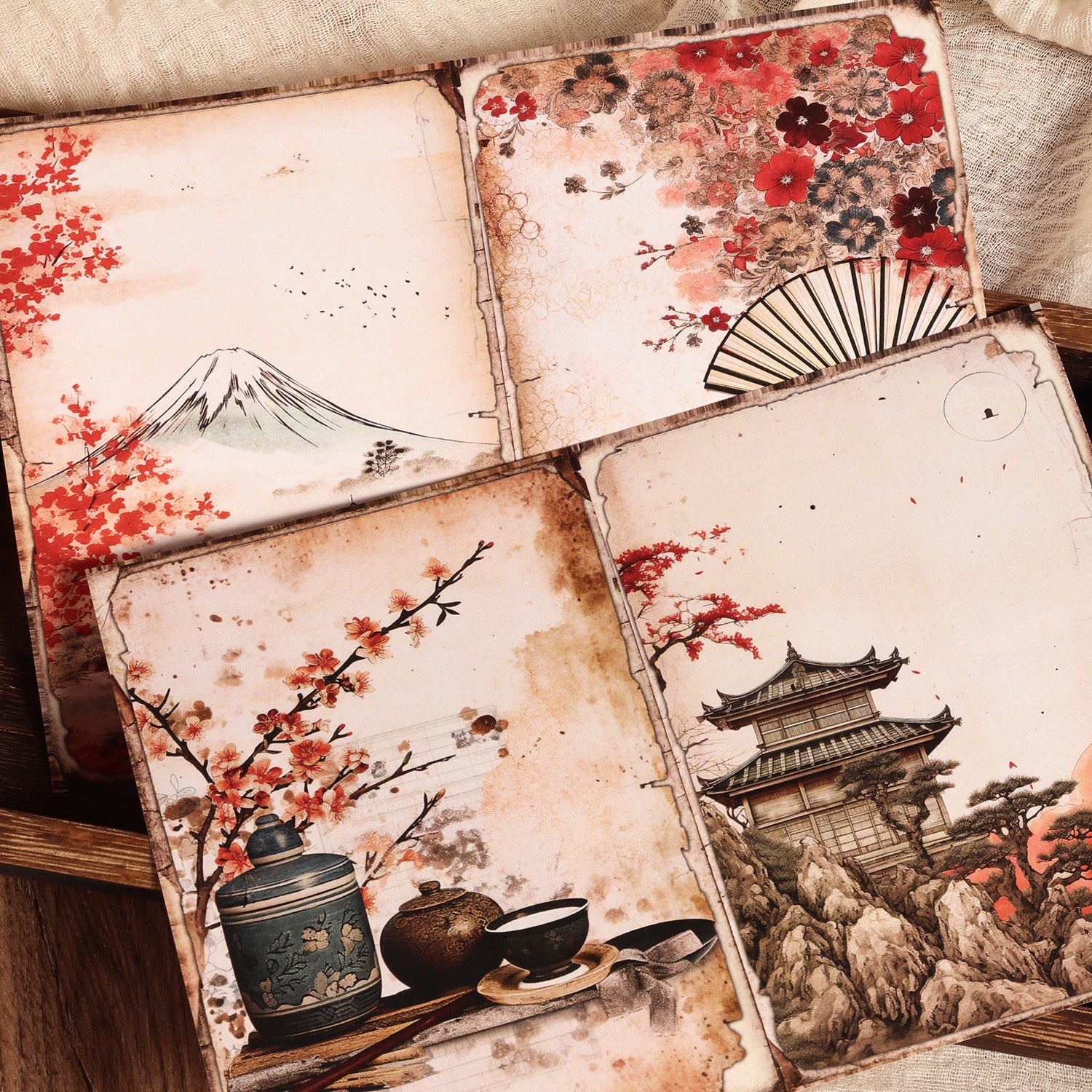 DIY Scrapbook Decoration Paper Pads, 12 A5 Papers and 24stickers Oriental Cherry for Crafts Journals Scrapbooking