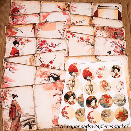 DIY Scrapbook Decoration Paper Pads, 12 A5 Papers and 24stickers Oriental Cherry for Crafts Journals Scrapbooking