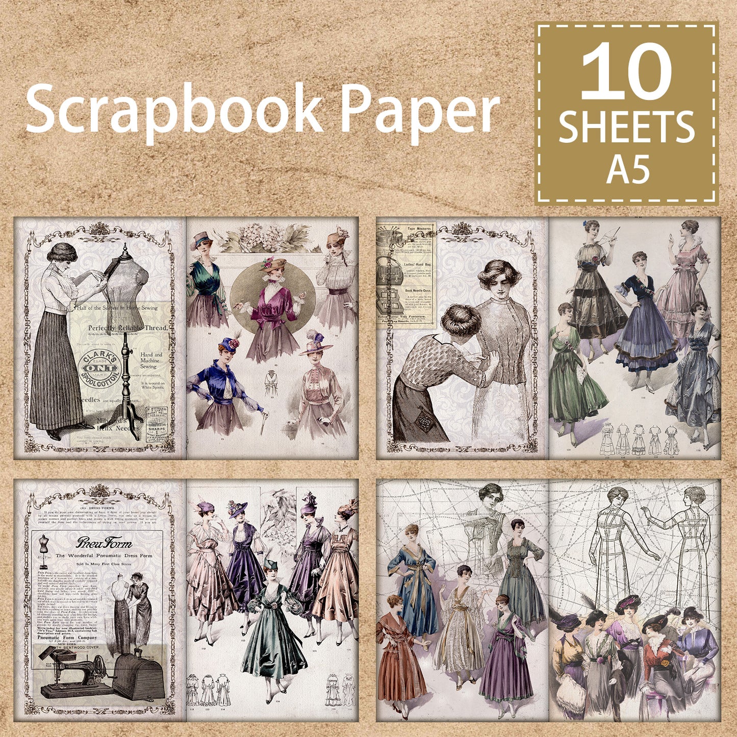 A5 10 Sheets Fashion Dress Style Poses Background, Vintage Grunge Scrapbook Journal Planning Paper